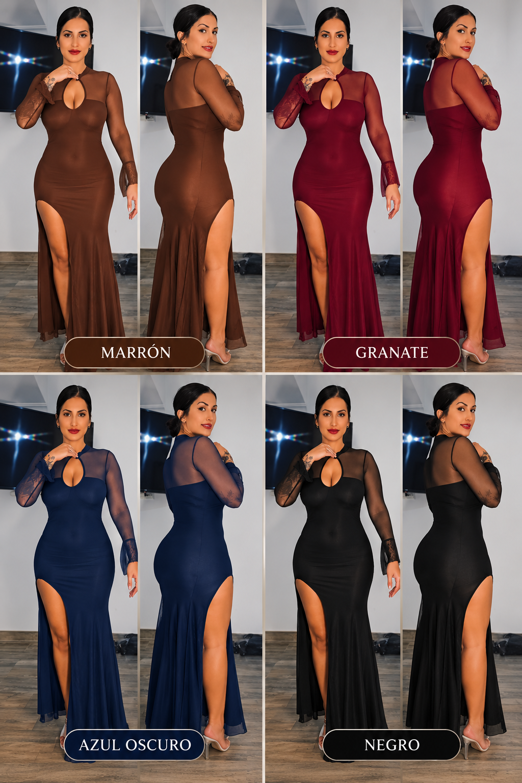 Vestido largo BAYONA con transparencias y abertura lateral en marrón, granate, azul oscuro y negro, vistas frontal y posterior