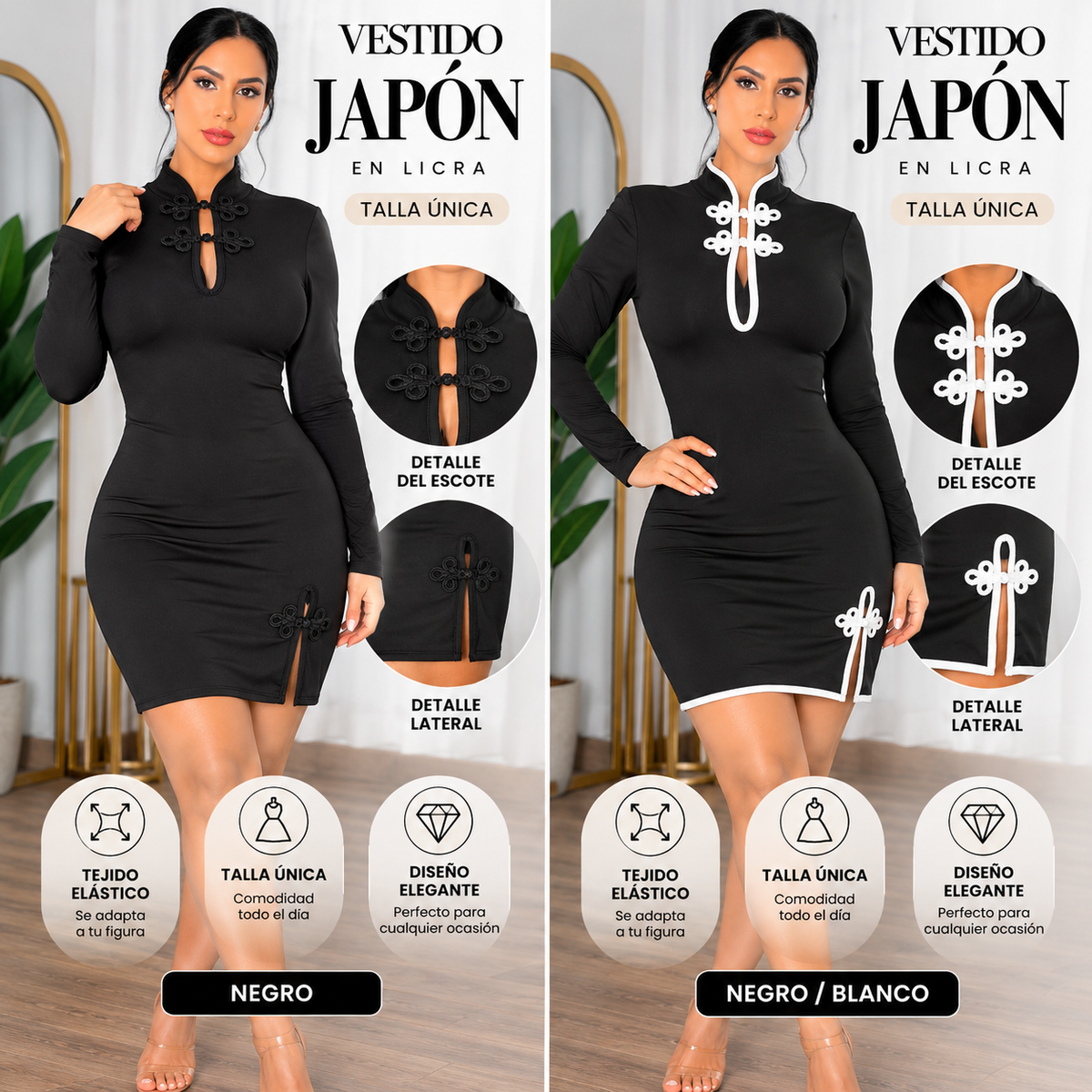 Vestido JAPÓN en Licra con Alamares – Talla Única