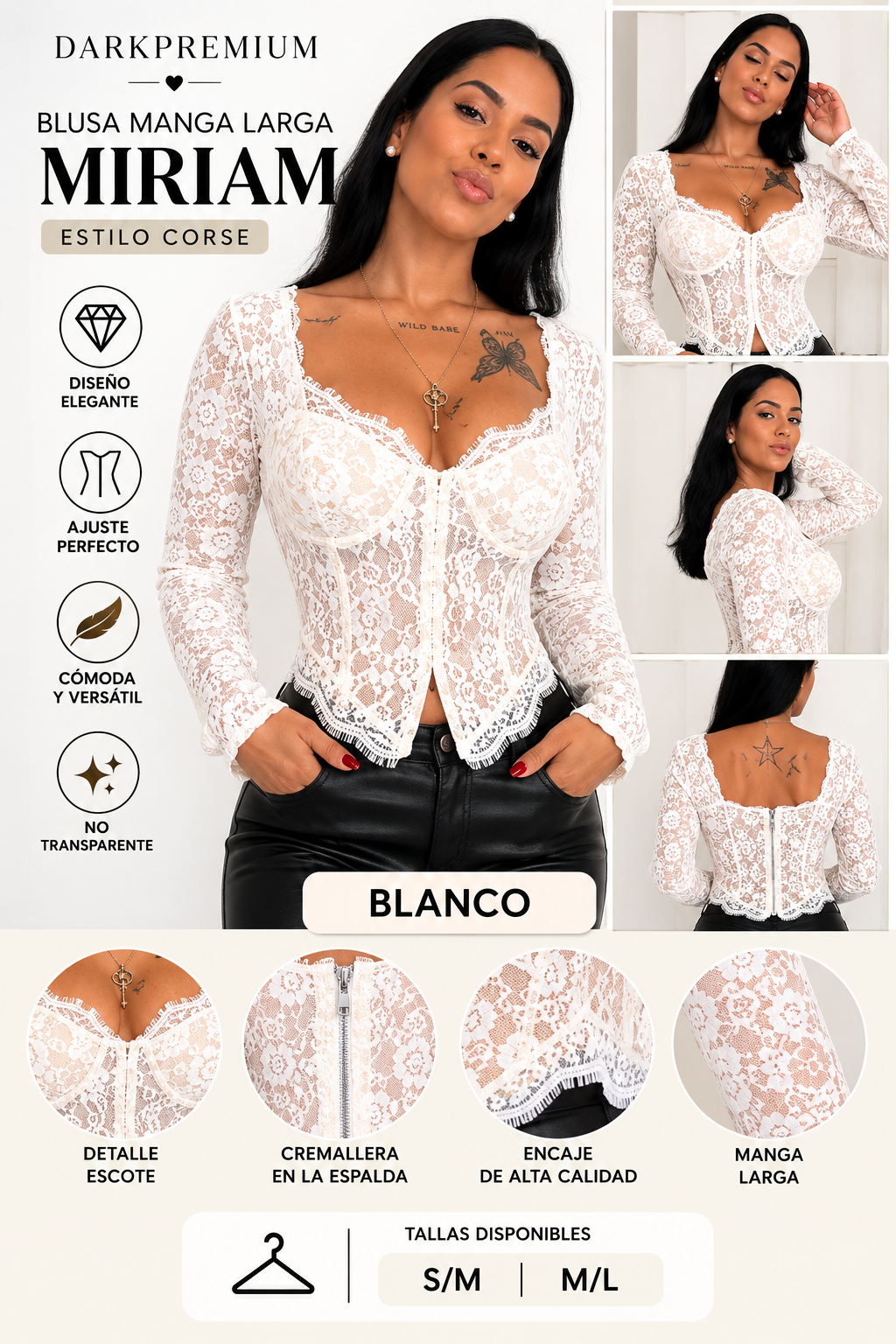 Blusa MIRIAM de Encaje Manga Larga Estilo Corsé