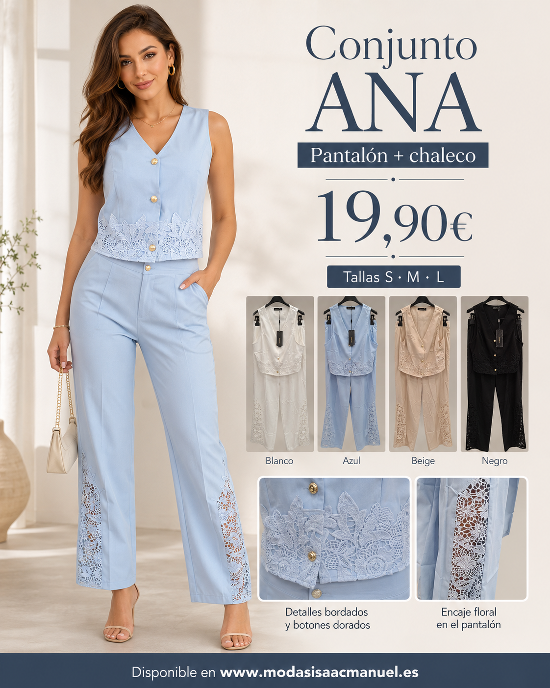 Conjunto de Dos Piezas "ANA" | Chaleco y Pantalón con Bordado Floral