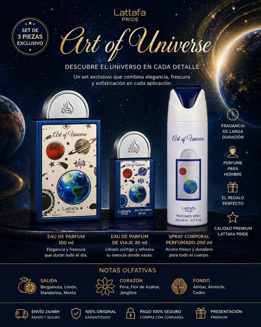 Set Art Of Universe Pride Lattafa | EDP 100ml + Spray 200ml + Mini 20ml