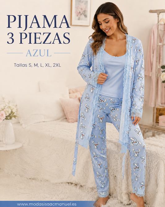Pijama 3 Piezas con Bata y Encaje | Estampado Animado