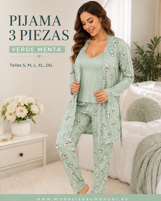 Pijama 3 Piezas con Bata y Encaje | Estampado Animado