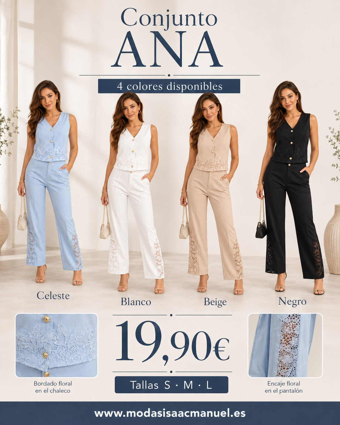 Conjunto de Dos Piezas "ANA" | Chaleco y Pantalón con Bordado Floral