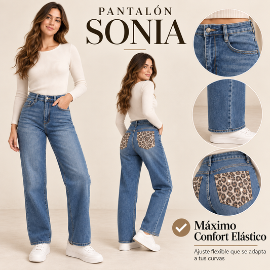 Pantalón Vaquero SONIA - Jeans Tiro Alto con Bolsillos de Lentejuelas Leopardo