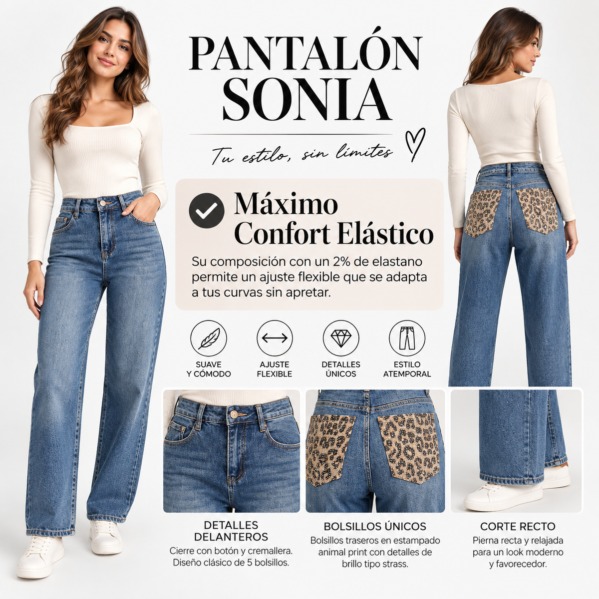 Pantalón Vaquero SONIA - Jeans Tiro Alto con Bolsillos de Lentejuelas Leopardo