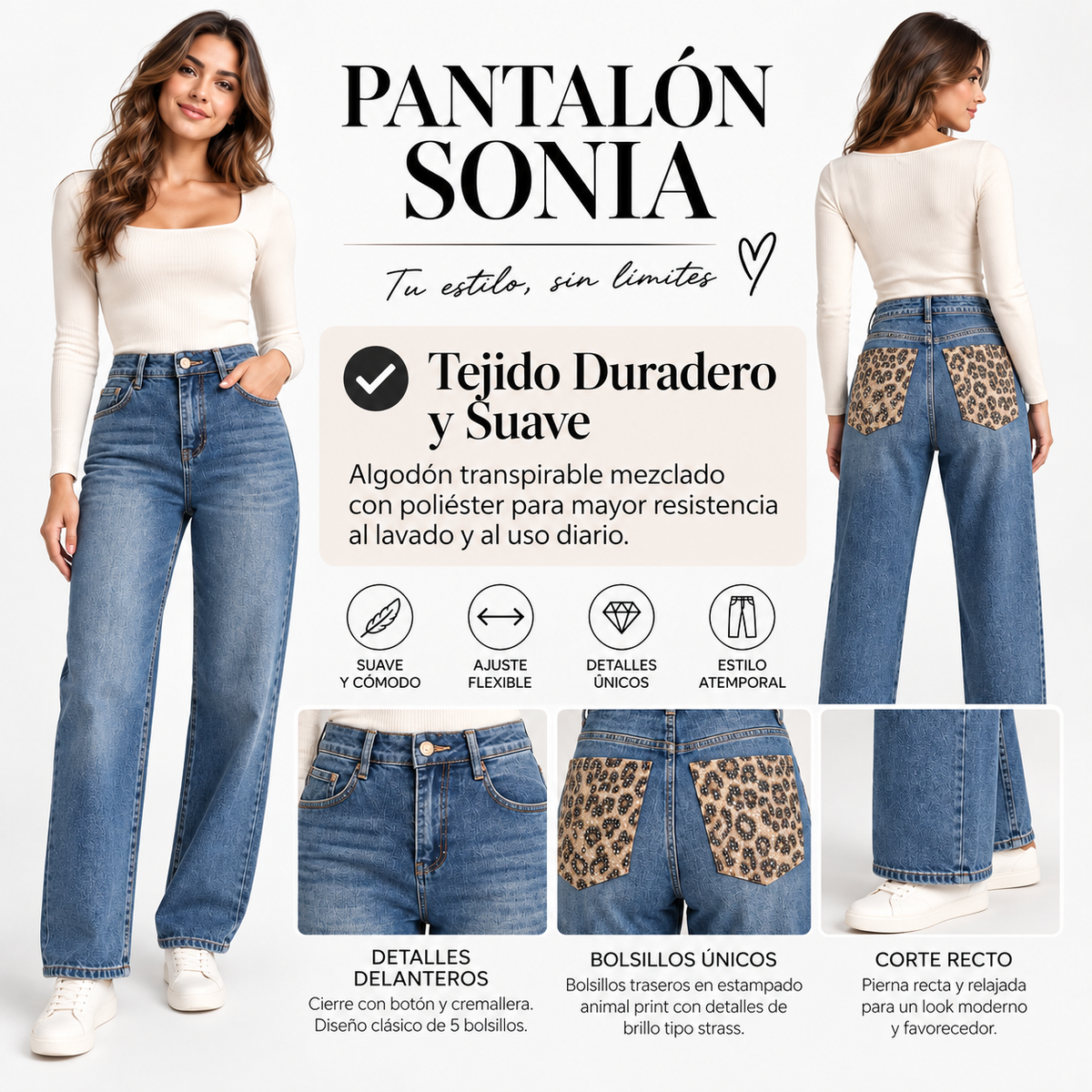Pantalón Vaquero SONIA - Jeans Tiro Alto con Bolsillos de Lentejuelas Leopardo