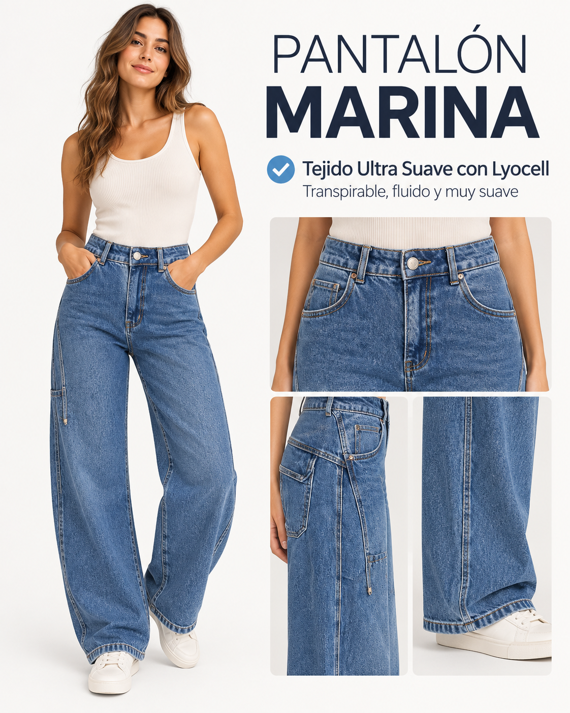 Pantalón Vaquero MARINA Ancho - Jeans Wide Leg Tiro Alto con Lyocell