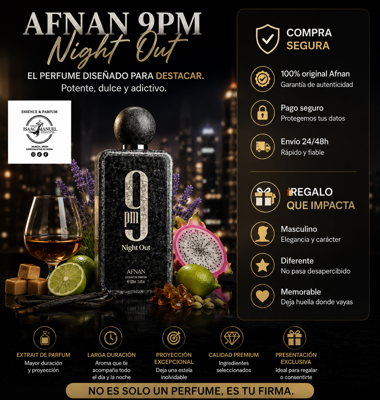 9PM Night Out Afnan | Extrait de Parfum Masculino Ámbar Vainilla 100ml