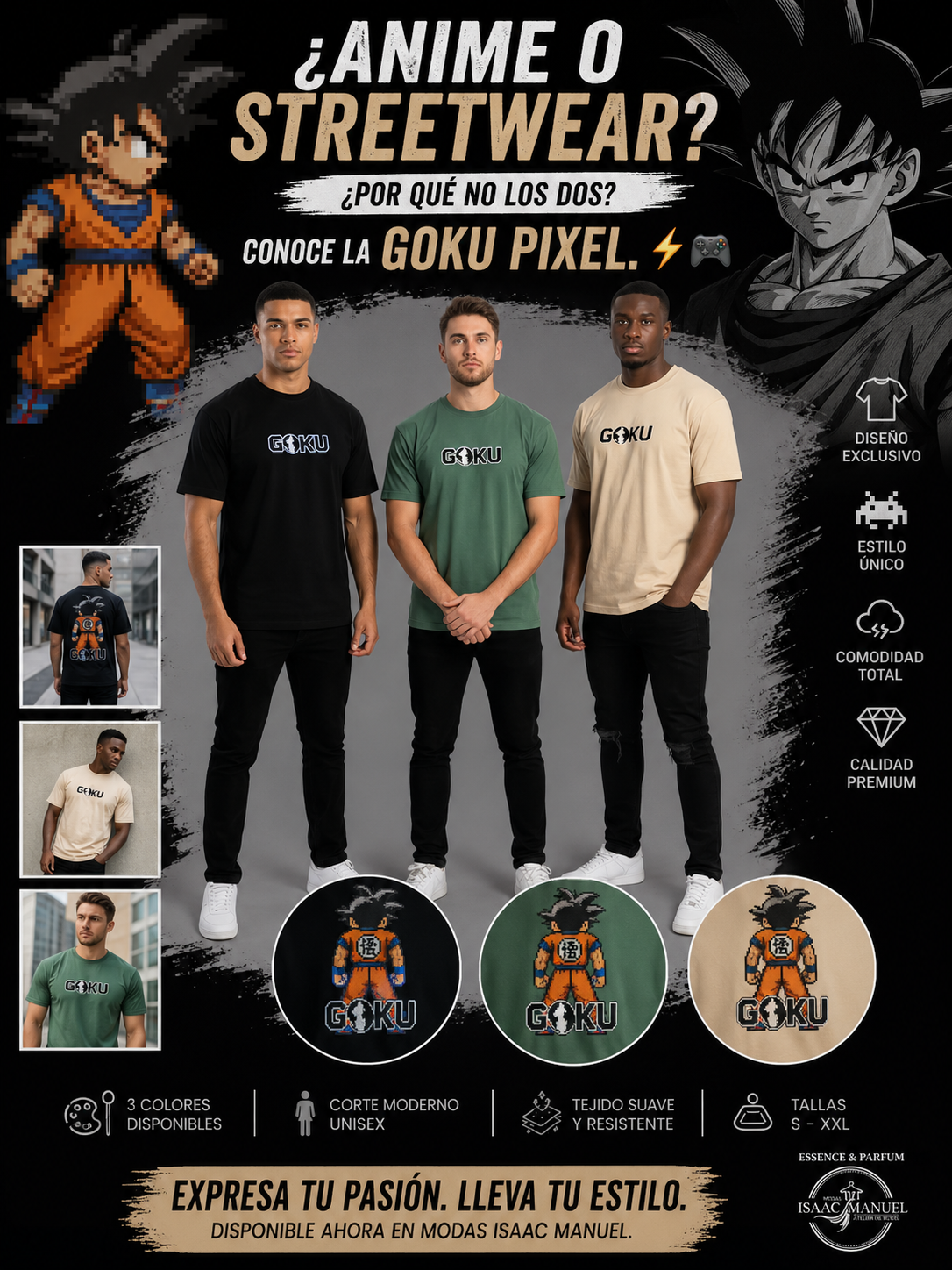 Camiseta Oversize Goku Pixel Art Hombre | Estampado Espalda Completa + Logo Frontal | Negro, Verde Militar y Beige | Tallas S-XL FX412