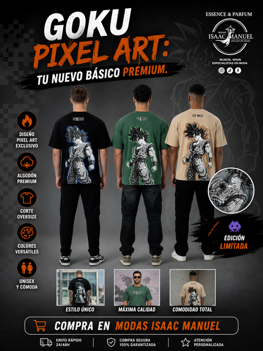 Camiseta Oversize Goku Pixel Art Hombre | Estampado Espalda Completa + Logo Frontal | Negro, Verde Militar y Beige | Tallas S-XL FX412