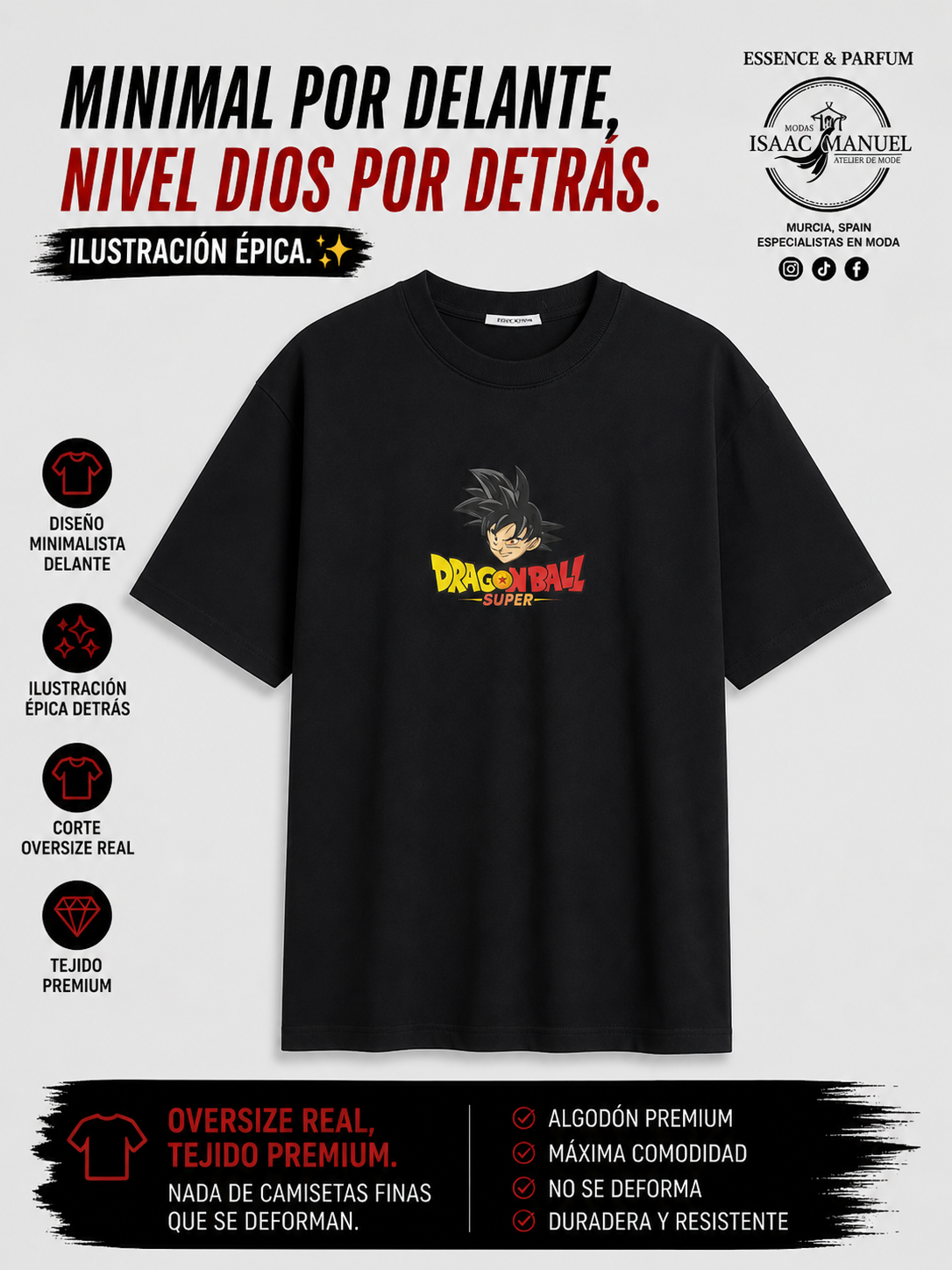 Camiseta Oversize Dragon Ball Super Goku Hombre | Logo Pecho + Ilustración Espalda | Negro, Gris y Blanco | Tallas S-XL  QQ2327