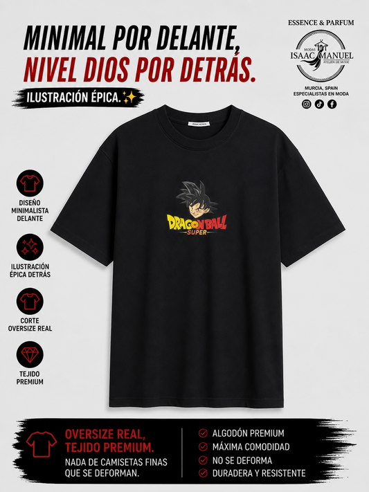 Camiseta Oversize Dragon Ball Super Goku Hombre | Logo Pecho + Ilustración Espalda | Negro, Gris y Blanco | Tallas S-XL  QQ2327