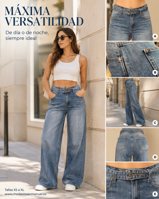 Pantalón Vaquero "Raquel" con Pliegue Lateral y Cintura Cruzada