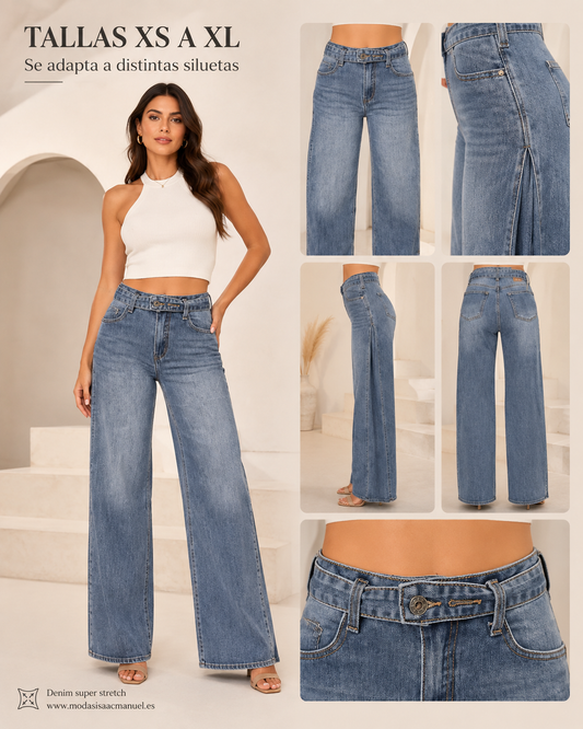 Pantalón Vaquero "Raquel" con Pliegue Lateral y Cintura Cruzada