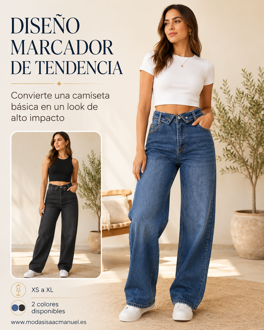 Pantalón Vaquero Manuela con Cintura Solapa Doblada
