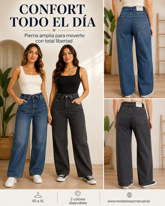 Pantalón Vaquero Manuela con Cintura Solapa Doblada