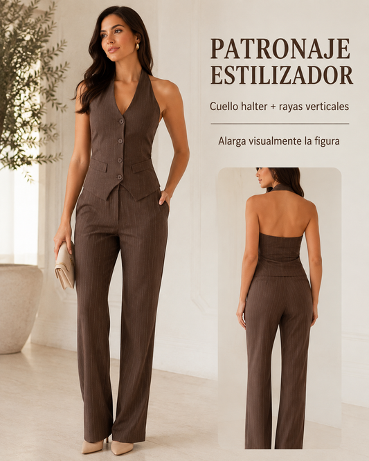 Conjunto 2 Piezas "Julia" | Chaleco Halter y Pantalón Raya Diplomática
