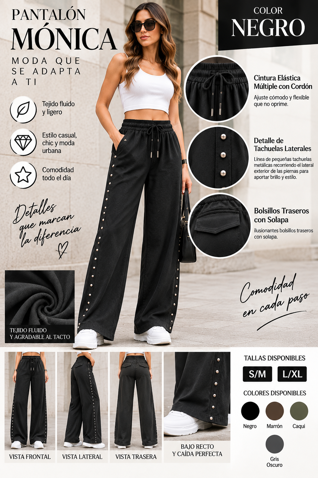 Pantalón Mónica Tachuela - Pantalón Fluido con Detalle Lateral