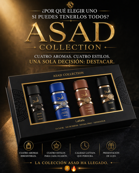 Set Lattafa Asad Collection 4 x 25ml | Asad Elixir, Zanzibar Limited Edition, Bourbon y Negro | Estuche de Lujo + REGALO MUESTRA GRATIS
