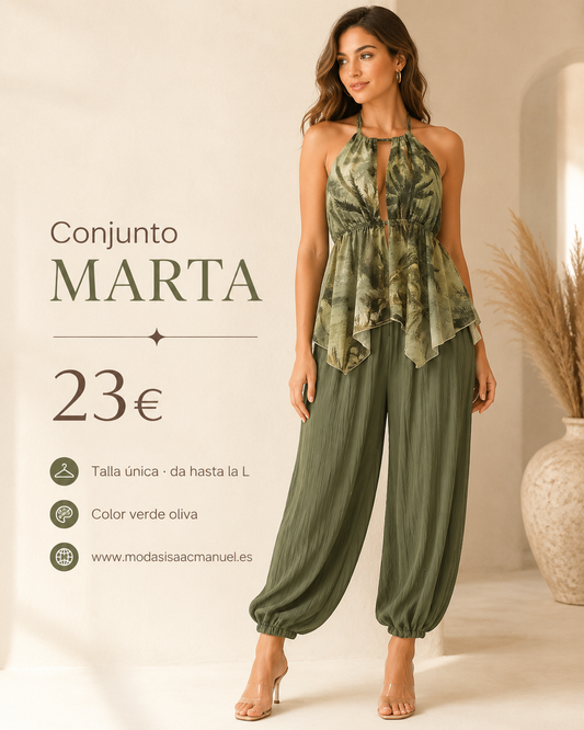 Conjunto de Dos Piezas "MARTA" | Top Tropical Espalda Descubierta y Pantalón Bombacho