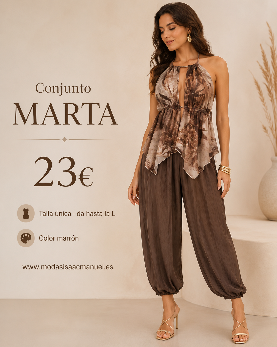 Conjunto de Dos Piezas "MARTA" | Top Tropical Espalda Descubierta y Pantalón Bombacho