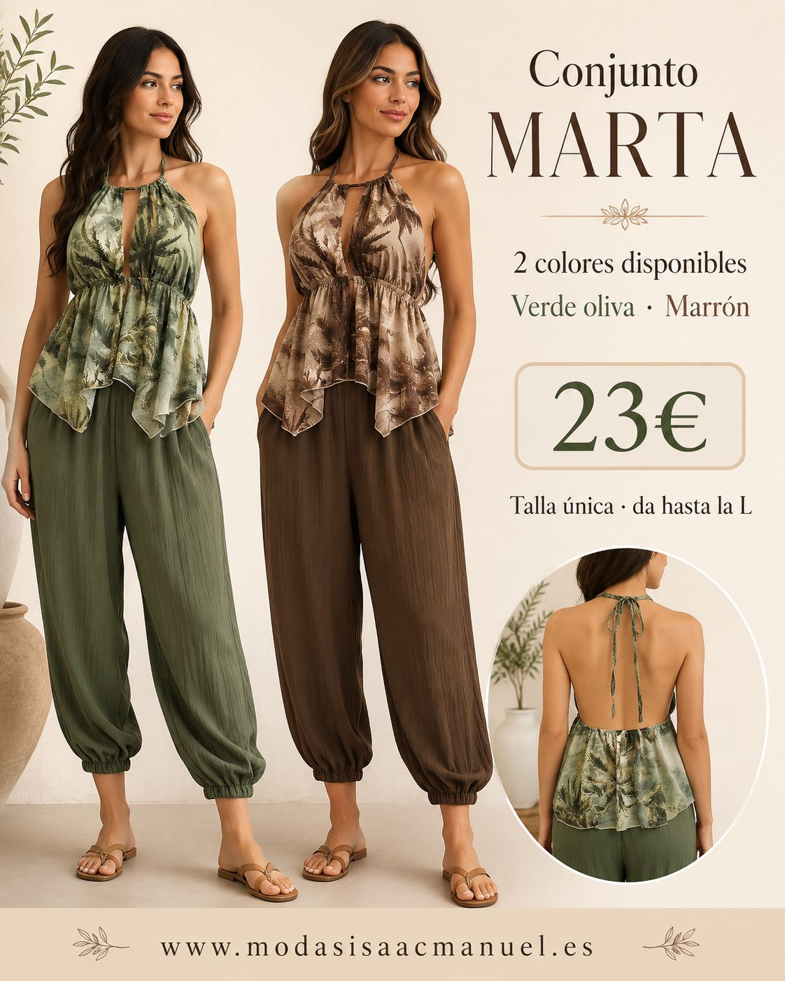 Conjunto de Dos Piezas "MARTA" | Top Tropical Espalda Descubierta y Pantalón Bombacho
