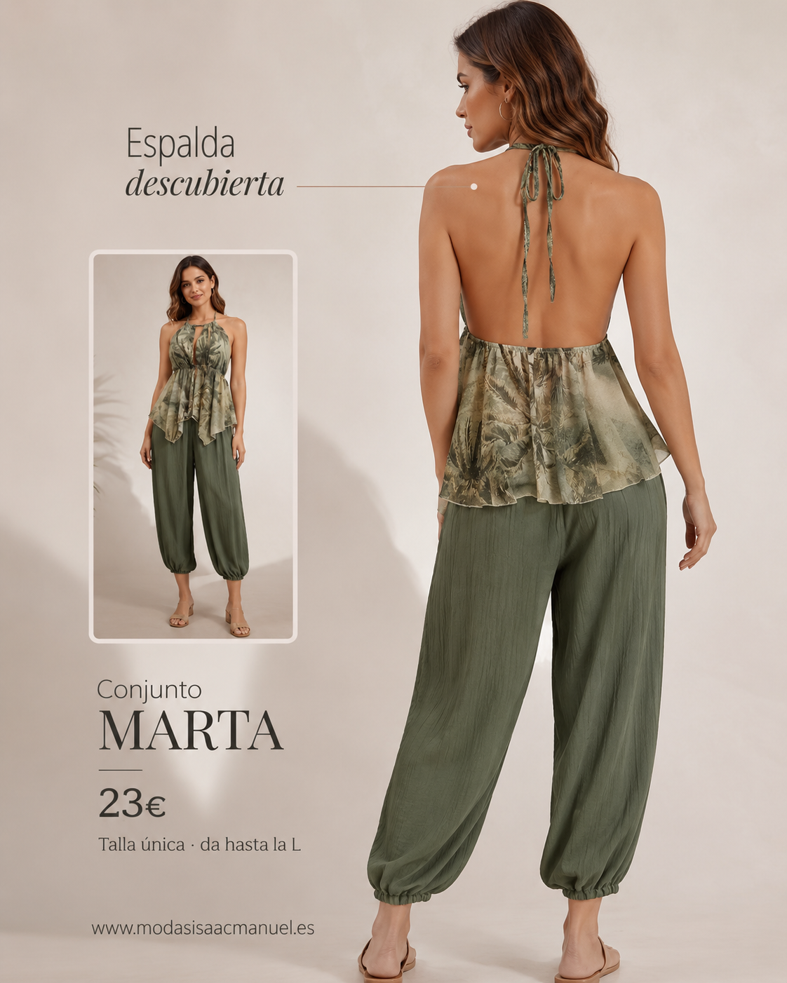 Conjunto de Dos Piezas "MARTA" | Top Tropical Espalda Descubierta y Pantalón Bombacho