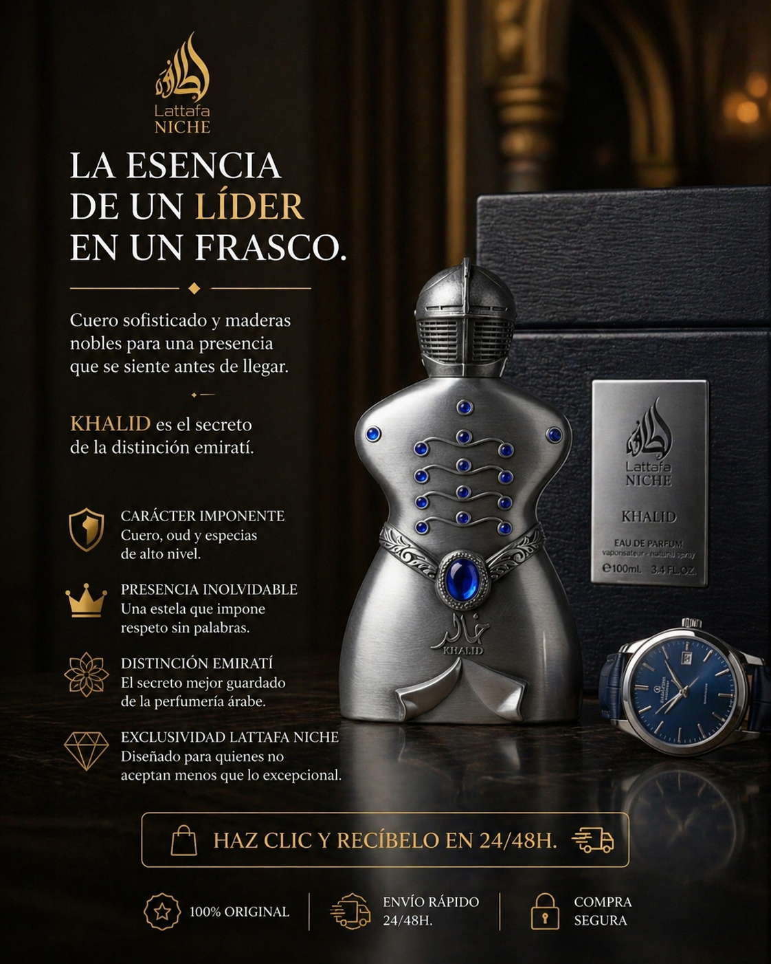 Niche Emarati Khalid Lattafa | Perfume Unisex Cuero Oud Azafrán 100ml