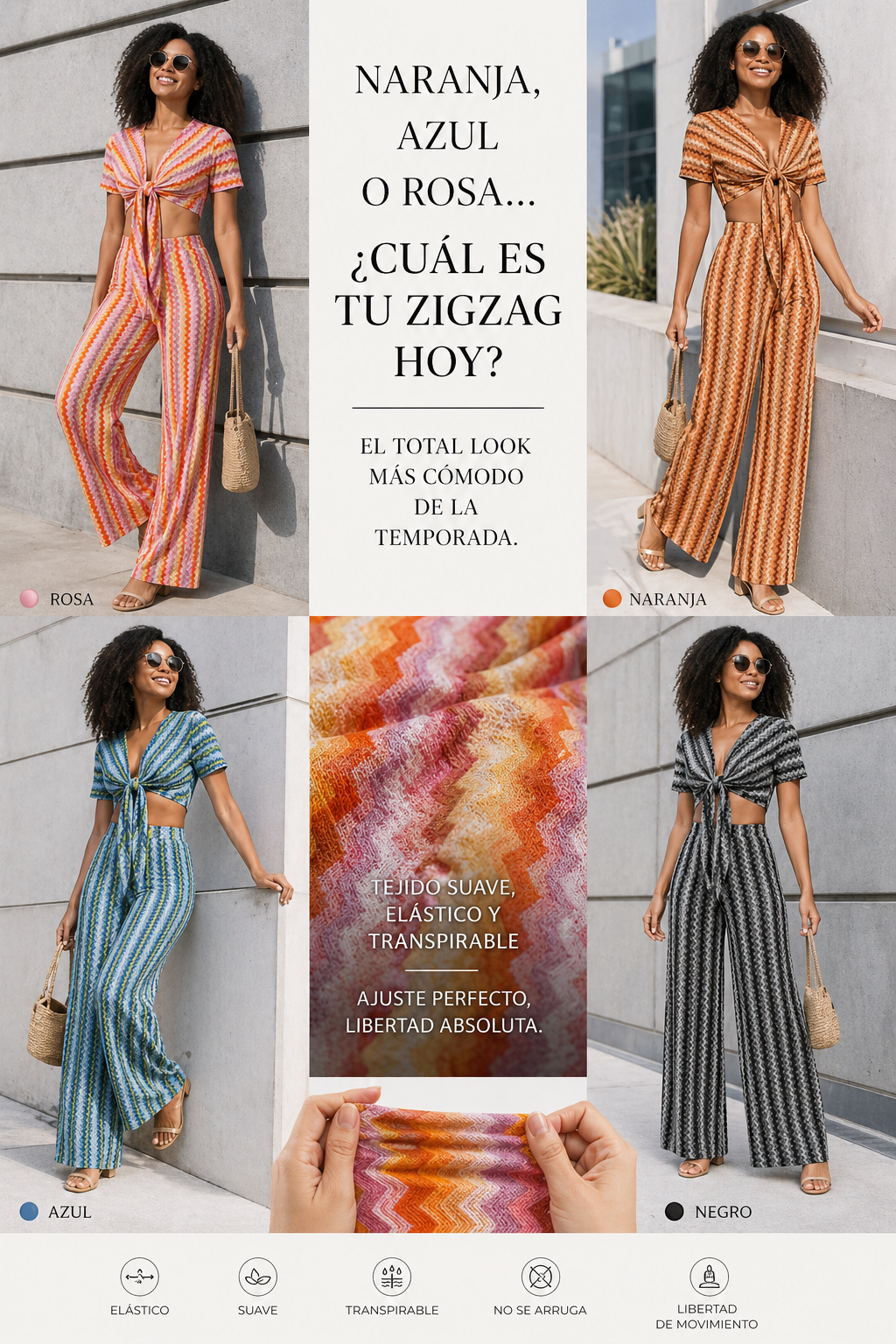 Conjunto Crop Top y Pantalón Pierna Ancha Rayas Zigzag Mujer | Talla Única | Naranja, Azul, Rosa y Negro