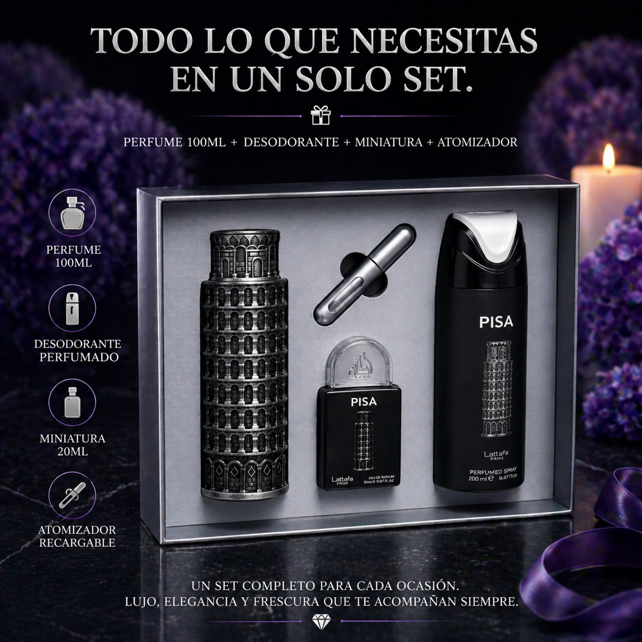Pisa Pride Lattafa | Set Regalo EDP 100ml + Desodorante + Miniatura + Atomizador