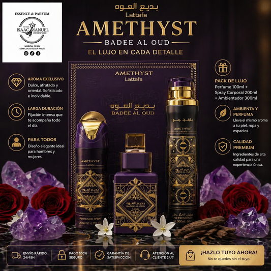 Bade'e Al Oud Amethyst Lattafa | Pack Lujo EDP 100ml + Spray 200ml + Ambientador 300ml