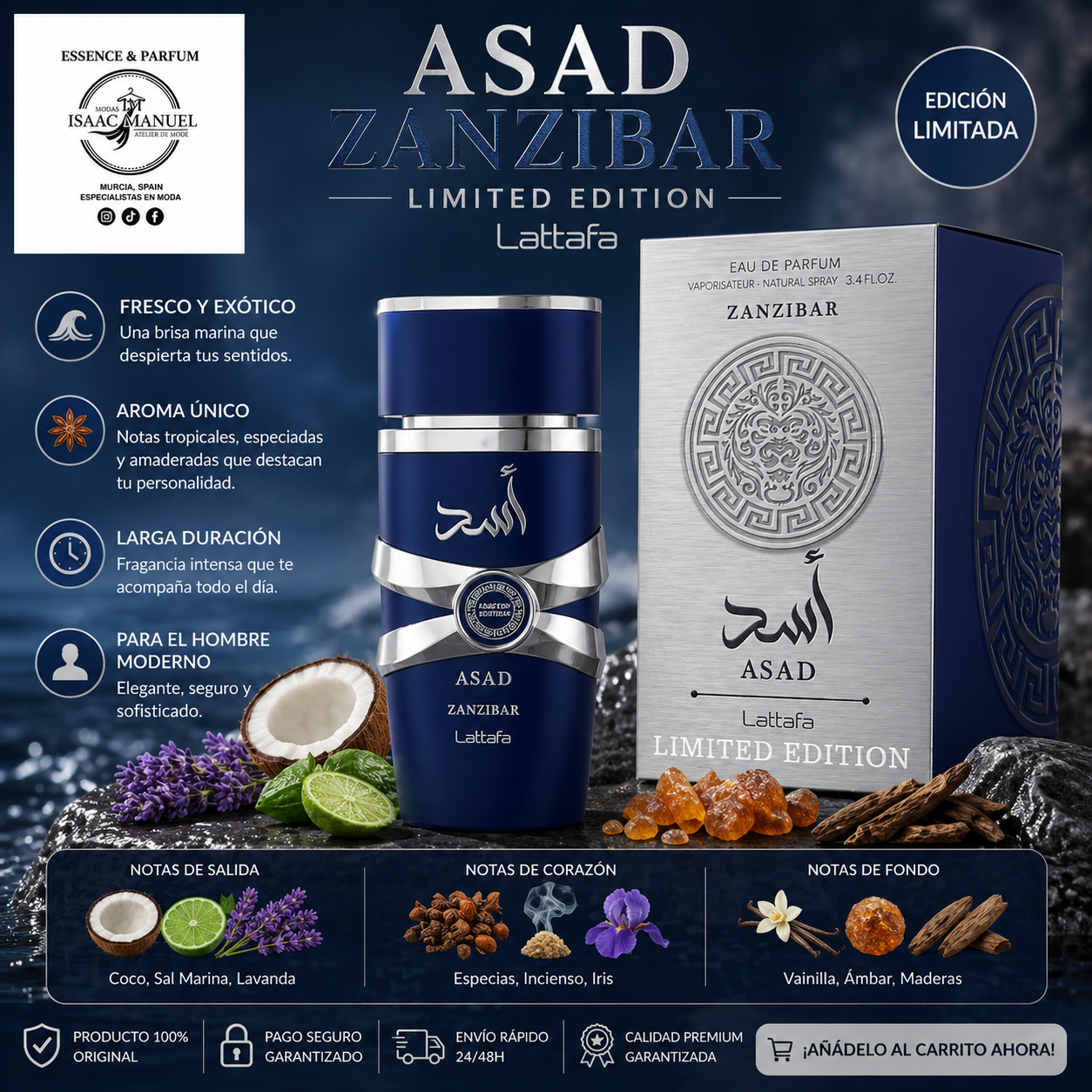 Asad Zanzibar Limited Edition Lattafa | Perfume Masculino Oriental Tropical 100ml