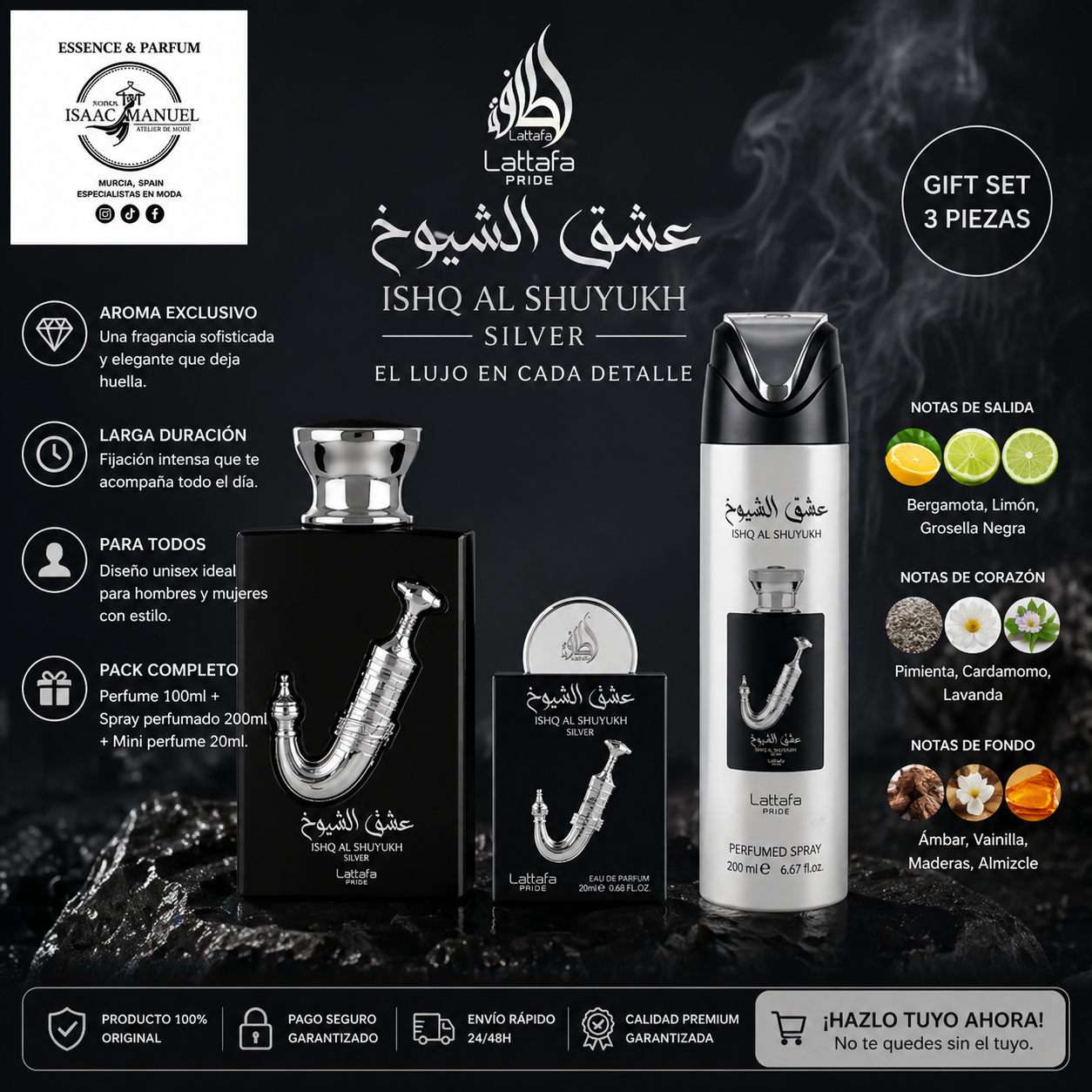 Ishq Al Shuyukh Silver Lattafa | Set Regalo EDP 100ml + Spray 200ml + Miniatura