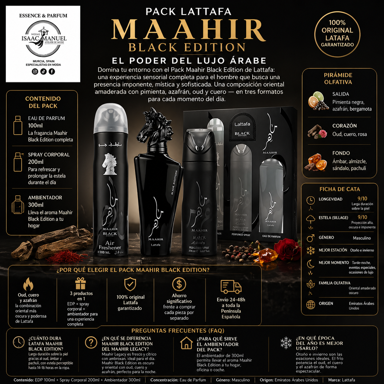 Maahir Black Edition Lattafa | Pack 3 Piezas EDP 100ml + Spray 200ml + Ambientador 300ml