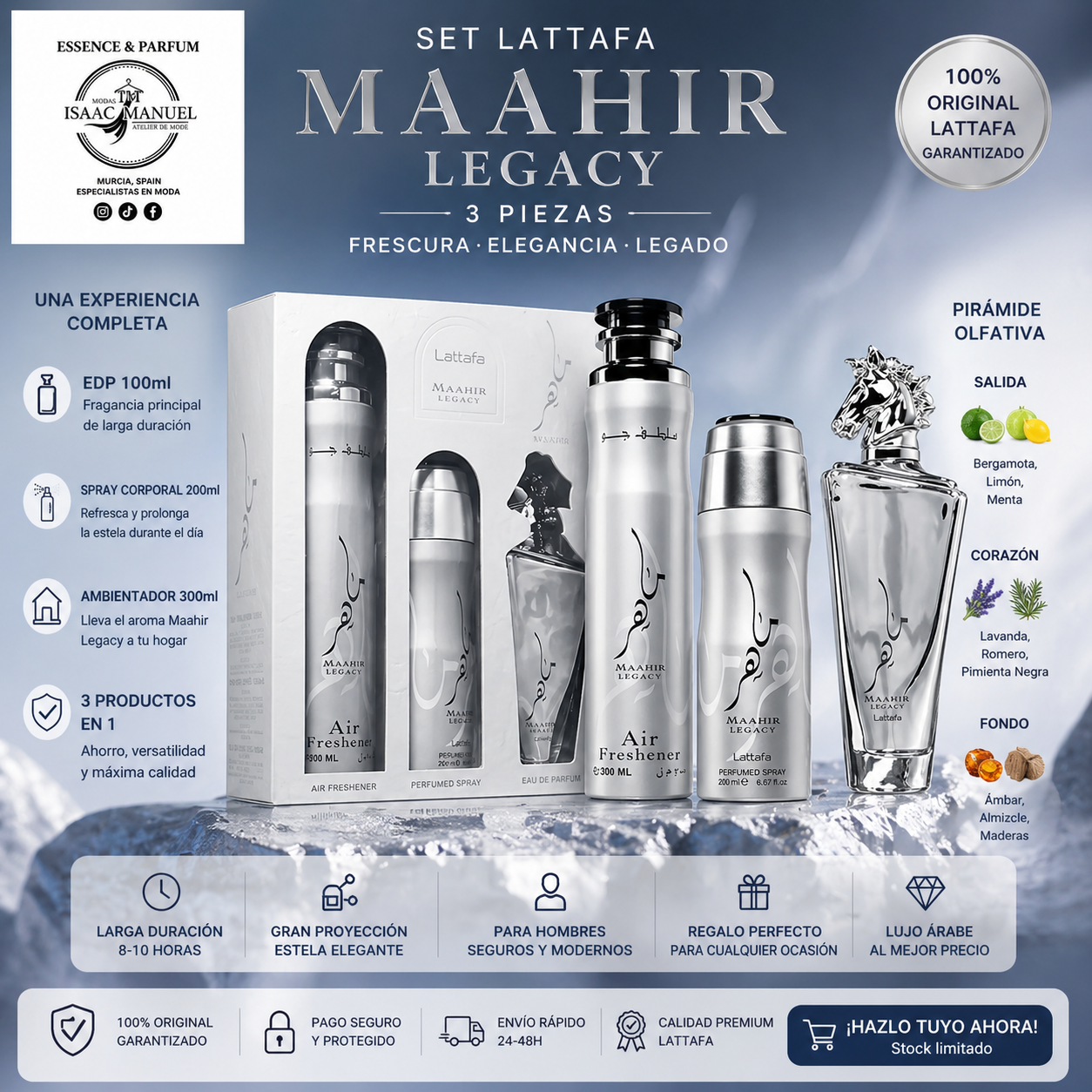 Maahir Legacy Lattafa | Set 3 Piezas EDP 100ml + Spray 200ml + Ambientador 300ml