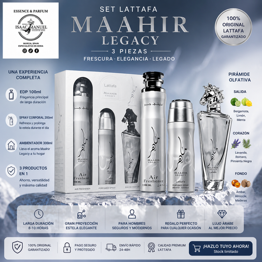 Maahir Legacy Lattafa | Set 3 Piezas EDP 100ml + Spray 200ml + Ambientador 300ml