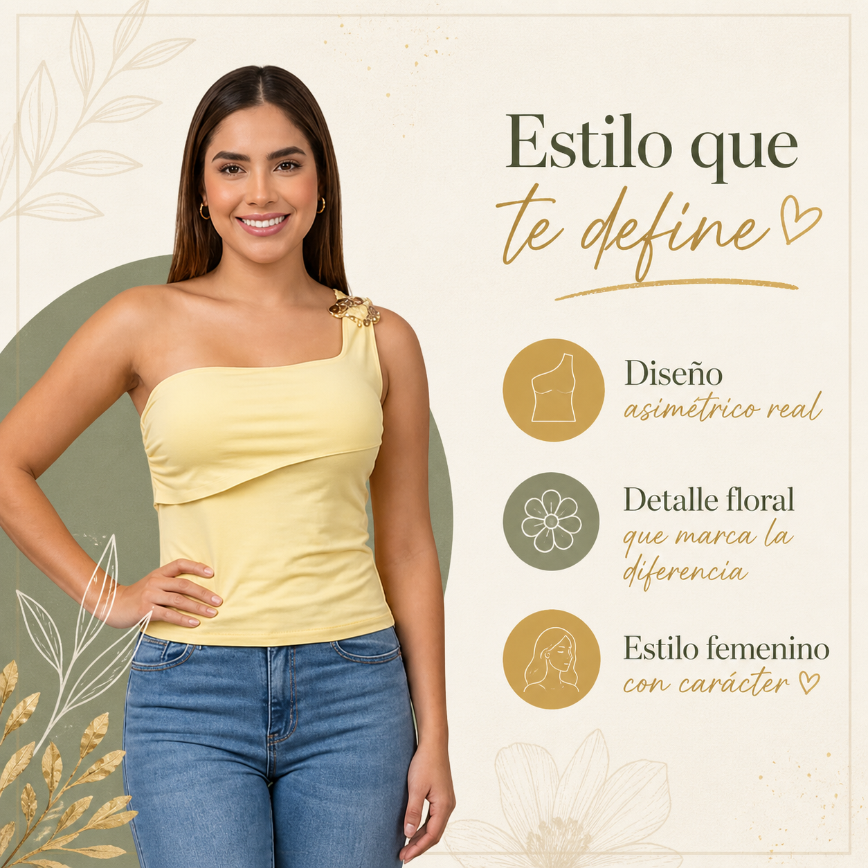 Top Asimétrico Un Hombro Mujer | Camiseta Un Tirante con Flor  YG09