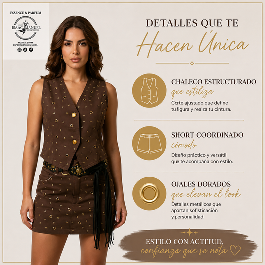 Conjunto Vaquero Mujer | Chaleco + Short Marrón con Ojales Dorados