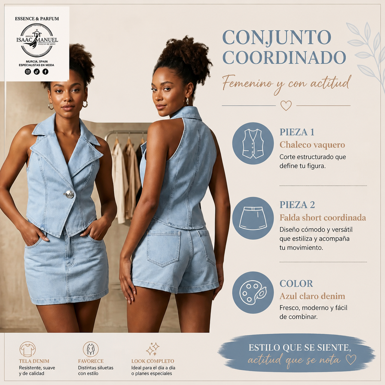 Conjunto Vaquero Mujer | Chaleco + Falda Short Azul Claro   TR822