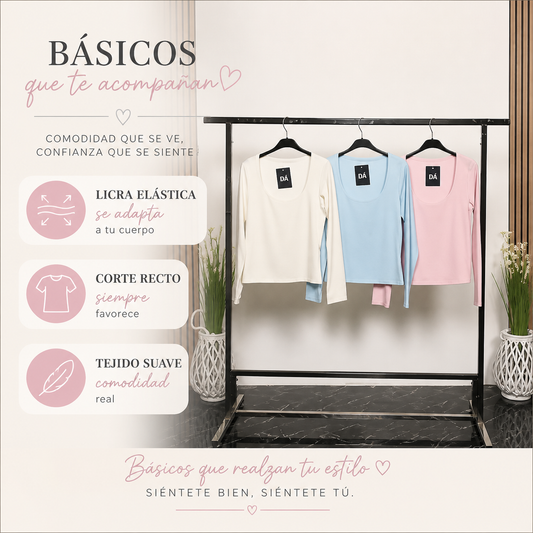 Camiseta Manga Larga Licra Mujer | Cuello Redondo Corte Recto | Beige, Celeste y Rosa Pastel | Talla Única