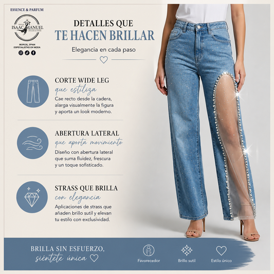 Vaquero Azul Wide Leg con Abertura Lateral y Strass Mujer | Tiro Alto Denim | Tallas XS-XL