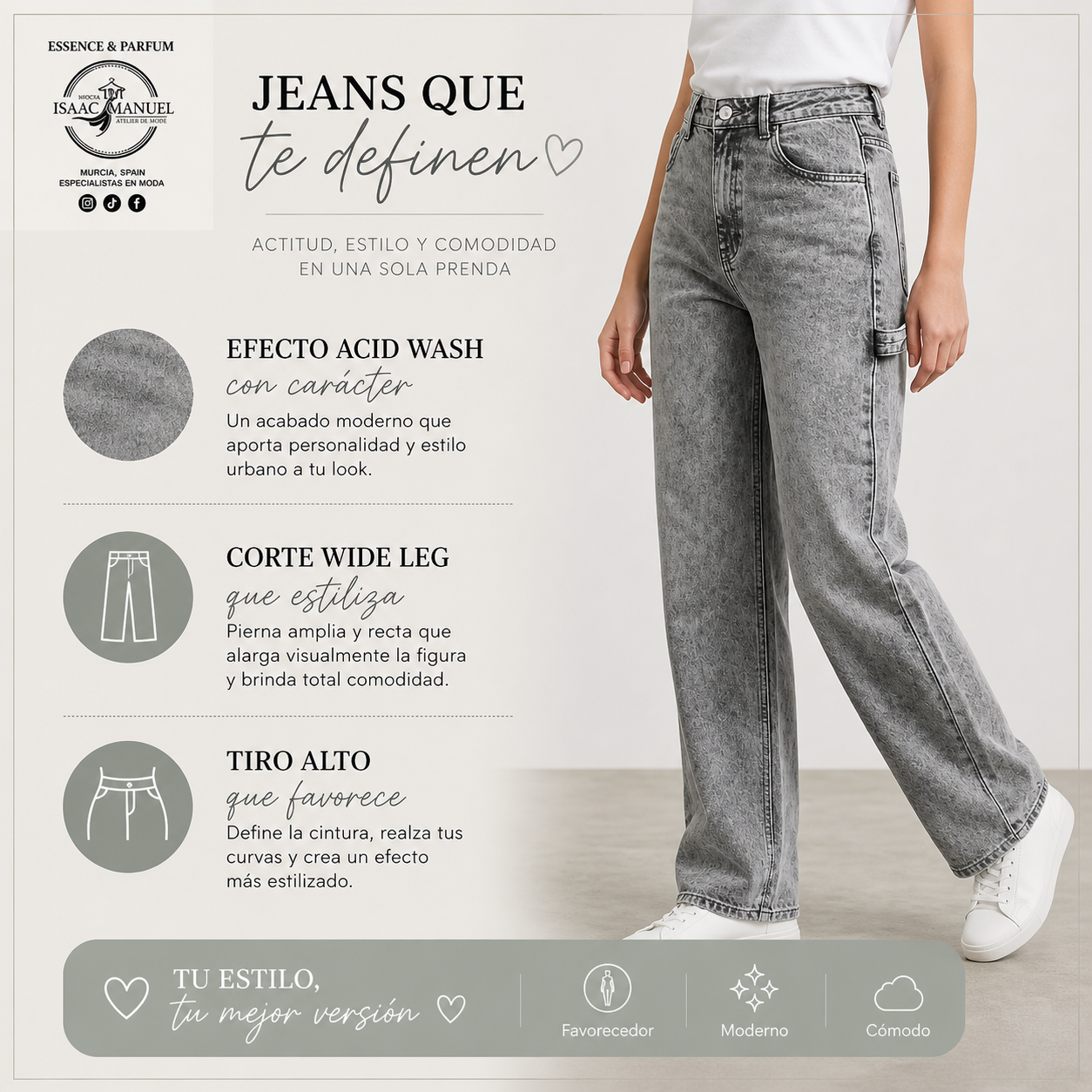 Vaquero Gris Wide Leg Acid Wash Mujer | Tiro Alto Efecto Desgastado | Tallas S-2XL