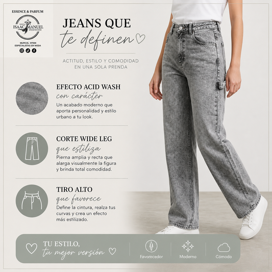 Vaquero Gris Wide Leg Acid Wash Mujer | Tiro Alto Efecto Desgastado | Tallas S-2XL