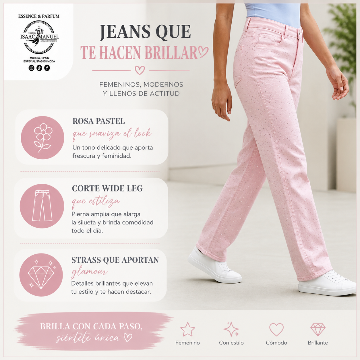 Pantalón Rosa Wide Leg con Strass Mujer | Tiro Alto Rosa Pastel Brillos | Tallas XS-XL