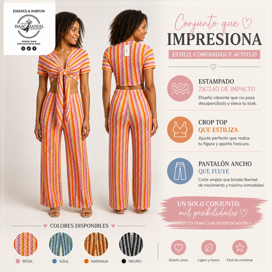 Conjunto Crop Top y Pantalón Pierna Ancha Rayas Zigzag Mujer | Talla Única | Naranja, Azul, Rosa y Negro