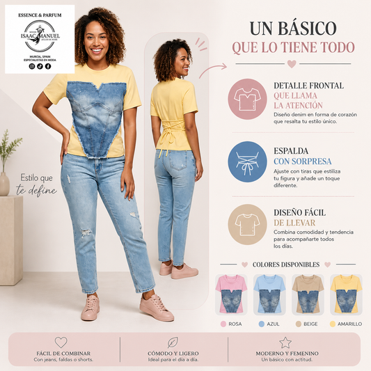 Camiseta Corazón Denim con Lazo Espalda Mujer | Talla Única | Rosa, Azul, Beige y Amarillo