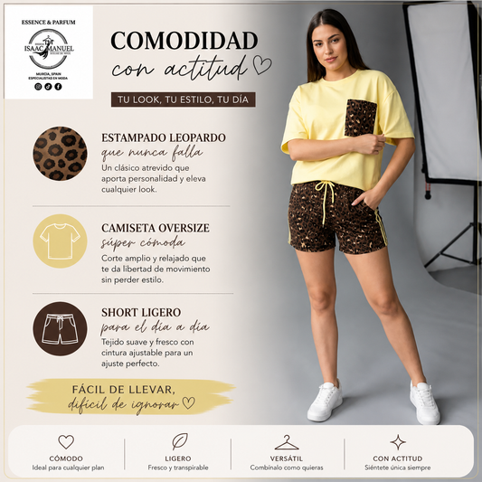 Conjunto Camiseta Oversize y Short Estampado Leopardo Mujer | Talla Única | Amarillo, Azul, Rosa y Rojo