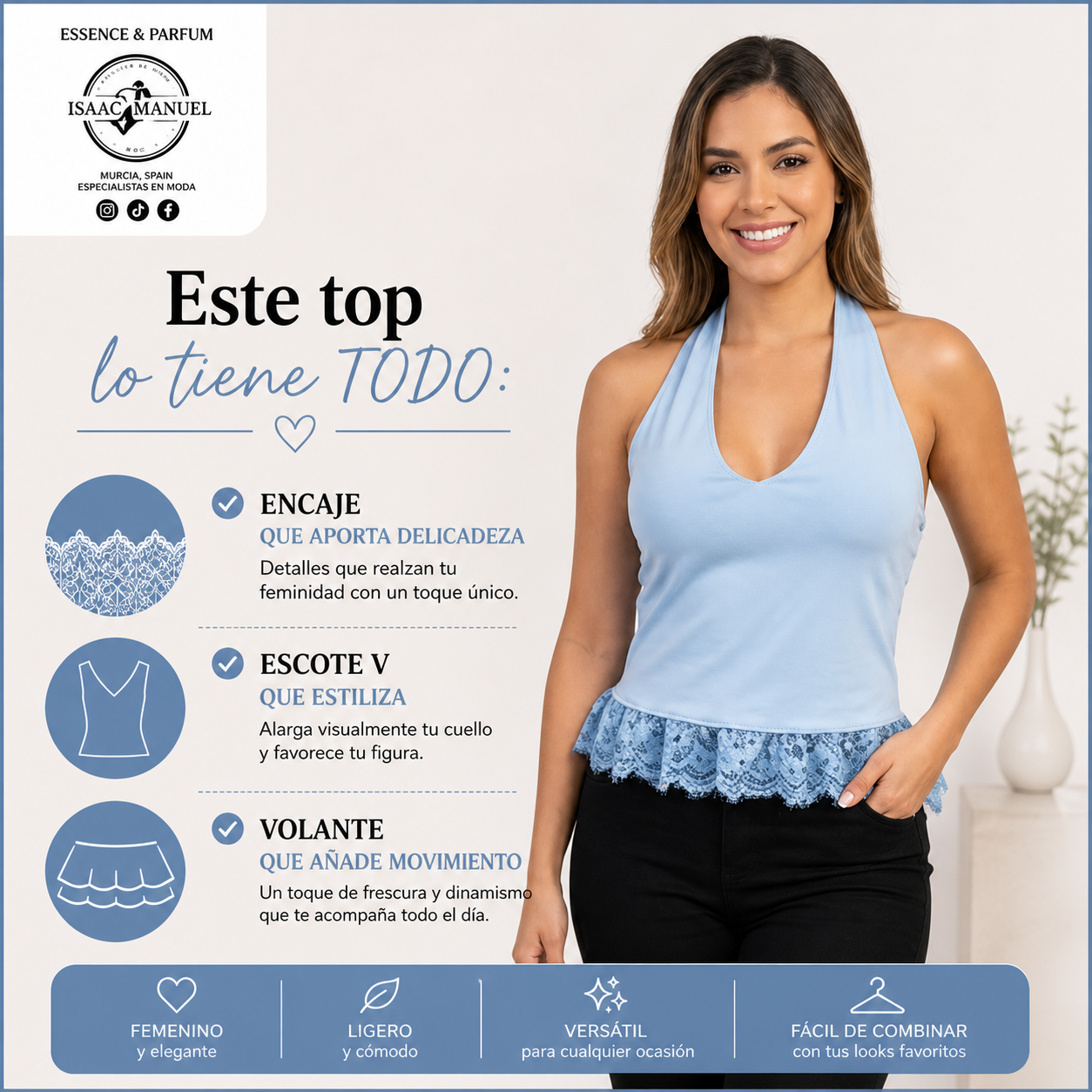 Top Halter con Encaje Mujer | Escote V y Volante Bajo | Talla Única | Azul, Rosa, Negro y Granate