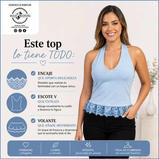 Top Halter con Encaje Mujer | Escote V y Volante Bajo | Talla Única | Azul, Rosa, Negro y Granate